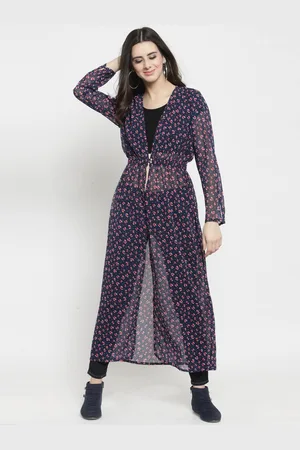 Sera Women Navy Blue & Pink Floral Printed Longline Button Shrug