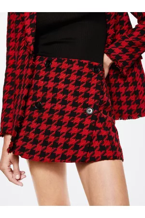 MANGO Women Red & Black Houndstooth Pattern Sustainable Wrap Mini Skirt