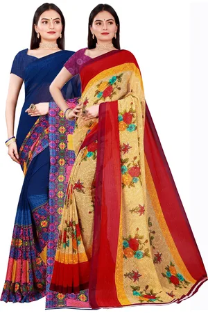 Kalini Pack Of 2 Women Beige & Navy Blue Pure Georgette Saree With Unstitched Blouse