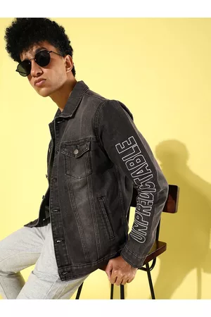 WROGN Men Dark Grey Solid Denim Jacket with Typography Sleeves
