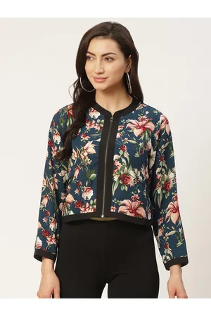 Antheaa Women Teal Blue & Peach-Coloured Floral Printed Tailored Jacket