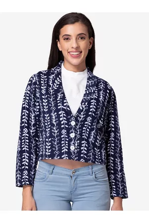 DEEBACO Women Blue & White Printed Pure Cotton Single-Breasted Casual Blazer