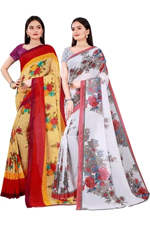 Florence Pack Of 2 Women Beige & White Printed Pure Georgette Saree With Unstitched Blouse