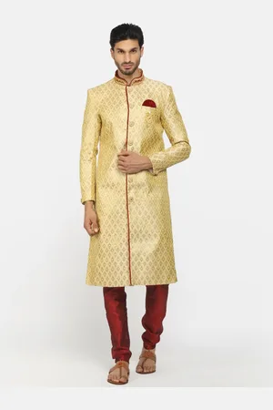 V-Mart Men Gold & Maroon Self Design Jacquard Sherwani Set
