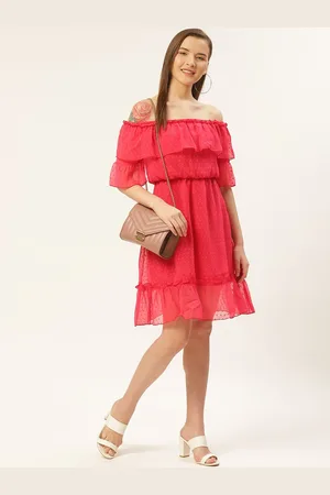 DODO & MOA Women Pink Self Design Off-Shoulder A-Line Dress