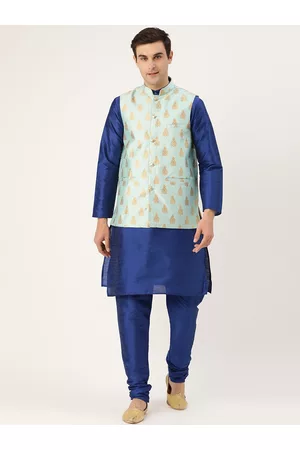 SOJANYA Men Blue Solid Kurta with Churidar & Nehru Jacket