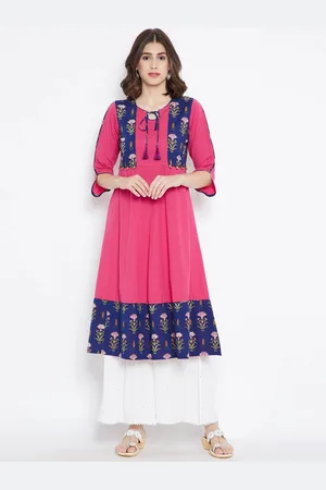 BE INDI Women Pink & Blue Printed Cotton Anarkali Kurta