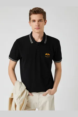 Koton Men Black Embroidered Detail Polo Collar Pure Cotton T-shirt