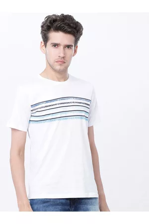 Highlander Men White Slim Fit Striped Round Neck T-shirt