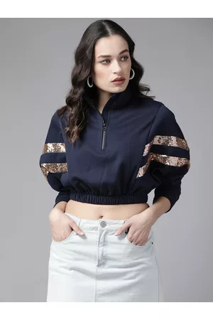 KASSUALLY Women Navy Blue Solid Cropped Sweatshirt