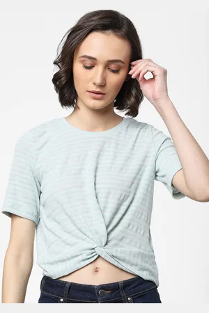 ONLY Women Sea Green & Purple Striped Boxy Crop T-shirt