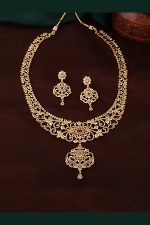 ESTELE Gold Plated CZ Stunning Filgari Bridal Necklace Set for Women