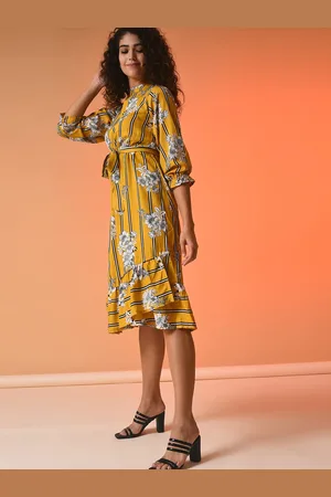 Campus Women Mustard Yellow Floral Printed A-Line Midi Dress