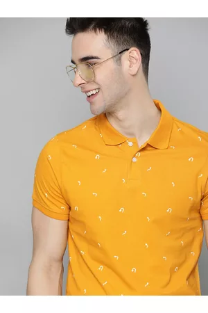 Mast & Harbour Men Mustard Yellow Printed Cotton Polo Collar T-shirt