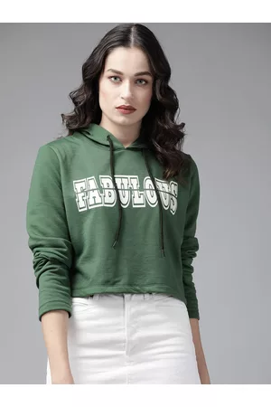 KASSUALLY Women Green & White Printed Hooded Sweatshirt