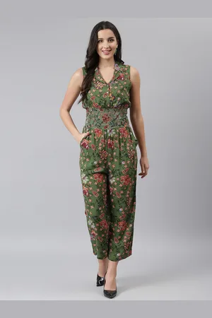 DEEBACO Olive Green & Red Printed Culotte Jumpsuit