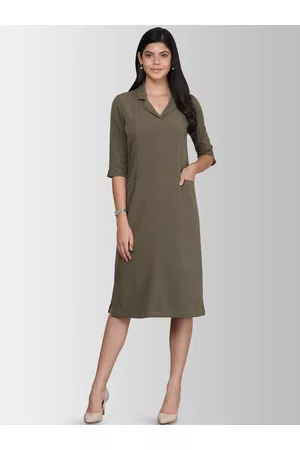 FableStreet Women Solid Olive Green A-Line Dress