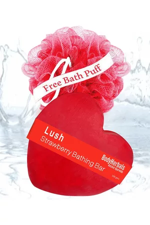 BodyHerbals Lush Strawberry Bathing Soap Bar with Free Bath Puff 100g