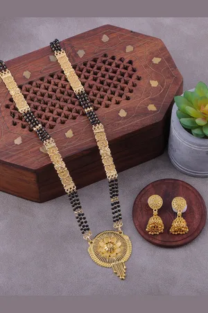 Brandsoon Gold-Plated Black Beaded Mangalsutra With Earrings