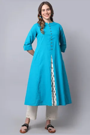 Pistaa Women Turquoise Blue Thread Work Kurta