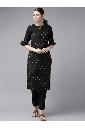 Bhama Couture Women Black & Golden Block Printed Straight Kurta