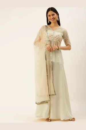 Ethnovog Women Beige Ethnic Motifs Embroidered Empire Kurti with Palazzos With Dupatta