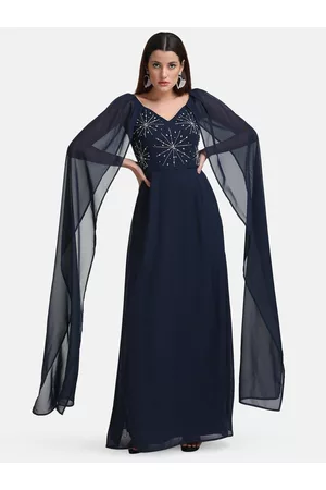 Kazo Women Navy Blue Embellished Georgette Maxi Dress