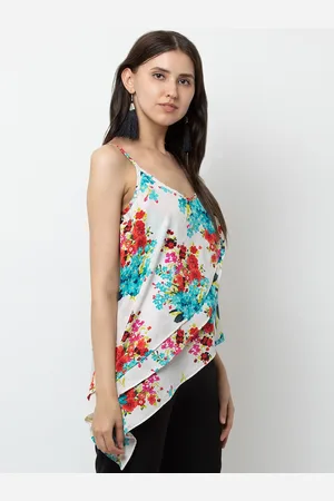 DODO & MOA Women White Floral Print Layered Crepe High-Low Top
