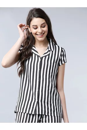 Tokyo Talkies Women Black & White Regular Fit Striped Sleep Shirt