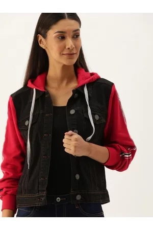 Campus Women Black Red Colourblocked Windcheater Cotton Denim Jacket