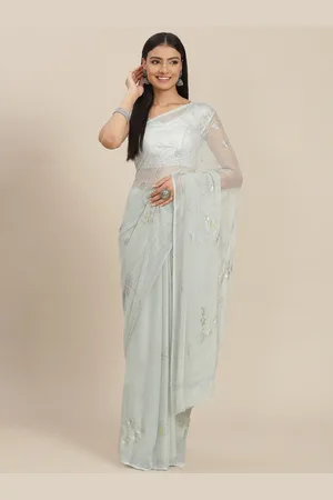 ZARI Grey Floral Sequinned Pure Chiffon Saree