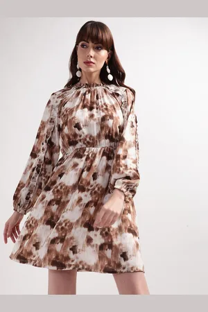 CENTRESTAGE Women Brown & Off White Printed High Neck A-Line Dress