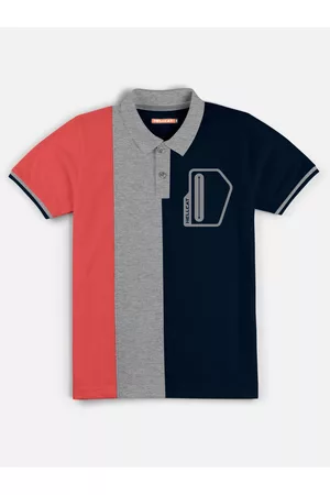 HELLCAT Boys Red & Grey Colourblocked Polo Collar Bio Finish T-shirt
