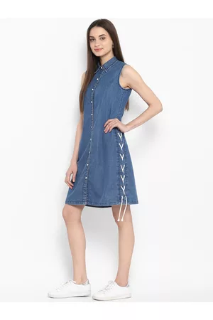 StyleStone Women Blue Solid Denim Shirt Dress
