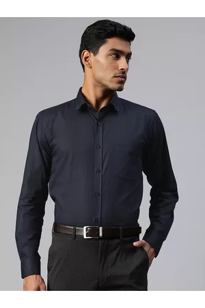 MANQ Men Navy Blue Solid Smart Regular Fit Formal Shirt
