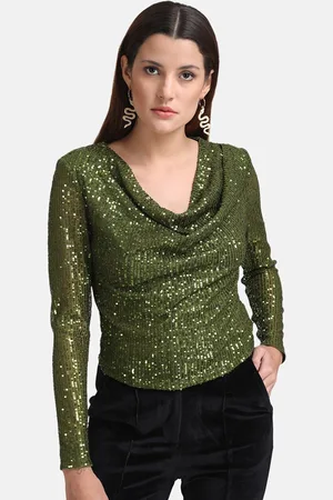 Kazo Women Olive Green Embellished Cowl Neck Top
