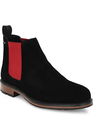 Delize Men Black & Red Solid Leather Mid-Top Flat Boots