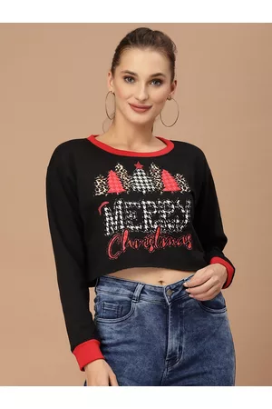 KASSUALLY Women Black Typography Cropped Sweatshirt