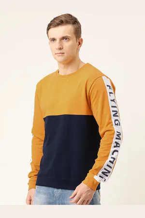 Flying Machine Men Mustard Yellow & Navy Blue Colourblocked Pullover Sweatshirt