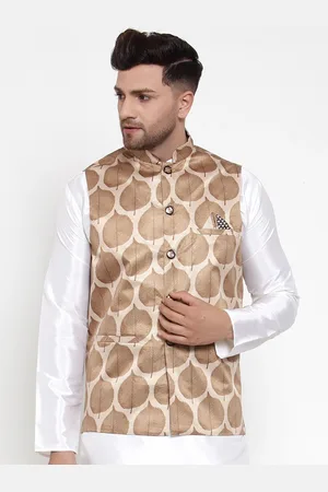 Jompers Men Brown & off- White Printed Nehru Jacket
