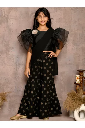 LilPicks Girls Black Ethnic Motifs Raw Silk Kurta with Pyjamas & With Dupatta