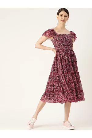 Antheaa Women Floral Printed Fit and Flare Tiered Dress With Smocked Detail