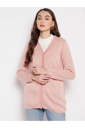 MADAME Women Peach-Coloured Self Design Wool Cardigan Sweater
