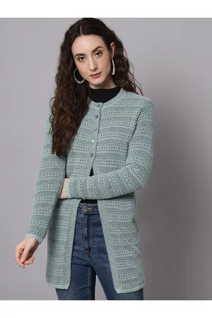 Broowl Women Green Longline Wool Cardigan