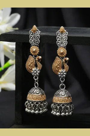 YouBella Women Oxidixed Silver Gunmetal-Toned & Gold-Toned Dome Shaped Jhumkas Earrings