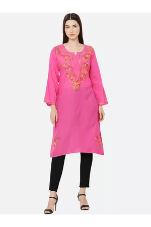 FAWOMENT Women Pink Paisley Embroidered Thread Work Cotton Kurta