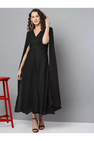 marie claire Women Black Extended Cape Sleeves Solid Wrap Maxi Dress