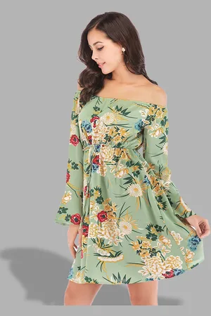 JC Collection Women Green Floral Printed Off-Shoulder Empire Dress