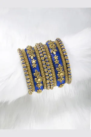 Peora Set of 10 Blue Handcrafted Silk Thread Kundan Studded Floral Chuda Bangles