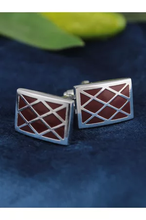Kavove Men Silver-Toned & Maroon Rectangular Cufflink